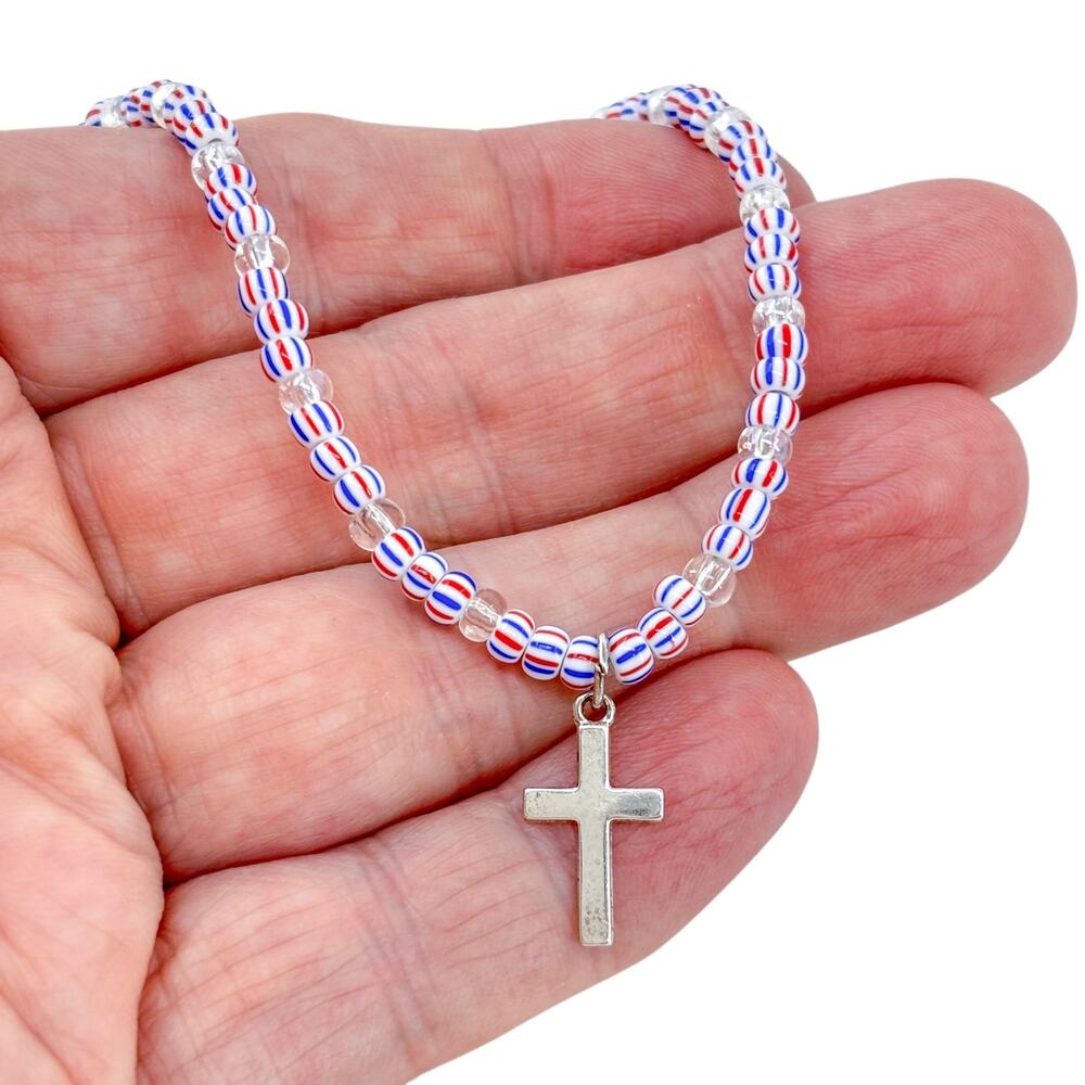 Vintage Red White & Blue Patriotic Sterling Silver 925 Cross Necklace 15"